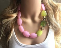 "I have ALWAYS loved pink and green together! This necklace is a collision of watermelon colors, with some speckled brown and clear beads as a nod to the \"seeds\" 🤗 16 inches long (at shortest strand) with a 4 inch silver extender chain. Thank you for supporting handmade and small American business! Hate to wait? Me too! I ship 6 days a week. Like this style but prefer another color? Check out our other BIG BEAD necklaces: https://www.etsy.com/shop/PolkaDotDrawer?ref=hdr_shop_menu&search_q Summer Large Beads Pink Jewelry, Trendy Pink Beaded Necklace With Large Beads, Trendy Pink Beaded Necklaces With Large Beads, Green Faceted Beads Necklace For Summer, Summer Green Necklaces With Faceted Beads, Dark Blue Jewelry, Blue Jewelry Set, Watermelon Party, Blue Statement Necklace