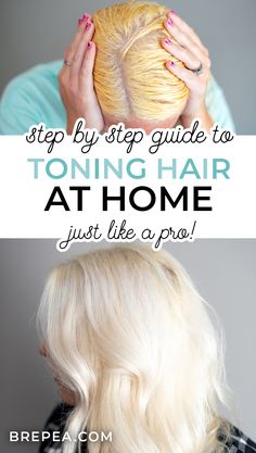 This step by step DIY guide uses my favorite toner for blonde hair and teaches you how to use hair toner to tone hair at home just like a pro! This essential guide teaches you the concepts so that it works for both blondes and brunettes. If you have brassy hair and want to correct it, this is the tutorial that you need. Tone Hair At Home, Diy Hair Toner, Bleaching Hair At Home, Hair Toning, Toning Hair, Brassy Blonde Hair, Blonde Hair At Home