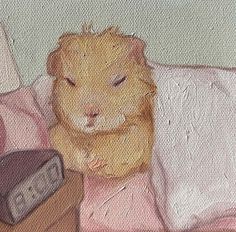 a painting of a teddy bear sleeping on a bed next to a radio and alarm clock