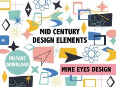 an advertisement for the mid century design elements program, with geometric shapes and lines in pastel colors