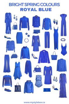 bright blue clothes and accessories are featured in this image with the words bright spring colours royal blue