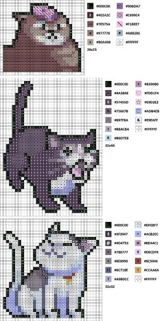 the cross stitch pattern is shown with different colors and designs for each cat's face