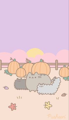 a cartoon cat is running around with pumpkins in the backgroung area