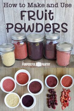 Various fruit powders in canning jars, white bowls all on a wooden background. Fruit Powders, Dehydrating Food Storage, Dehydrated Fruits, Fruit Powder, Canning Food Preservation, Dehydrated Fruit, Freeze Drying Food, Homemade Spices, Homemade Seasonings