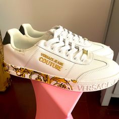 Versace White And Gold Size 8. Sticker Is Still On The Side. Versace Runners, Versace Shoes Sneakers, Versace Chain, Versace Sneakers, Versace Blue, Versace Pink, Versace Designer, Versace Shoes, Versace Collection