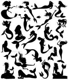 the silhouettes of mermaids in various poses