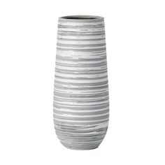 a white and grey striped vase on a white background