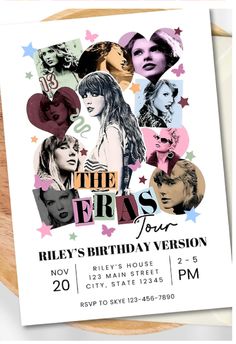 a birthday party flyer with the theme of various people's faces and stars on it