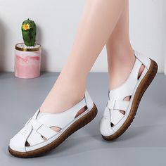 New Women Sandals Summer Ladies Shoes Comfortable Ankle Hollow Round Toe Sandals Woman Soft Beach Sole Female Shoes Plus Size Casual Round Toe T-strap Sandals For Vacation, Casual T-strap Sandals With Round Toe For Vacation, Casual Round Toe Sandals For Outings, Casual Spring Sandals With Rubber Sole, Casual Sandals With Rubber Sole For Spring, Summer Flats With Rubber Sole And Round Toe, Comfortable Sandals With Rubber Sole For Spring, White Ankle Strap Flats For Summer, Comfortable Flat T-strap Sandals For Spring