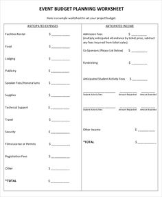 the event budget plan worksheet is shown in black and white, with an image of