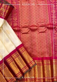 This stunning pure Gadwal silk saree is a must-have for any special occasion. The saree comes in a beautiful cream-white colour and features intricate gold and silver motifs all over the body, adding a touch of elegance and sophistication. The saree also has a rich rani pink zari border that perfectly complements the cream-white colour, making it a real eye-catcher.  The pallu of the saree is also adorned with rich zari work, giving it a luxurious feel. This saree is handwoven and made with the utmost care and attention to detail, making it an exclusive and one-of-a-kind piece. It is perfect for weddings, formal events, or any other special occasion where you want to look your absolute best. Don't miss out on the opportunity to add this stunning saree to your collection! An unstitched blou Hot Pink Combination, Colour Making, Rani Pink, Cream White Color, Wedding Silk Saree, Red Border, Zari Work, Soft Silk Sarees, Pink Saree