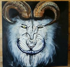 a painting of a goat with horns on it's head and eyes painted in acrylic paint