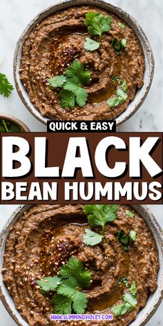 two bowls filled with black bean hummus and cilantro