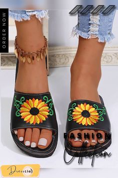 Sunflower Embroidered Print Casual Sandal Slippers Embroidery Heels, Sandal Slippers, Short Sleeve Lace Dress, Yellow Sandals, Long Cocktail Dress, Formal Dresses With Sleeves, Long Sleeve Cocktail Dress, Sandals Casual, Red Sandals