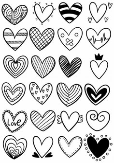 hearts drawn in black and white with different designs on the sides, each heart has an arrow