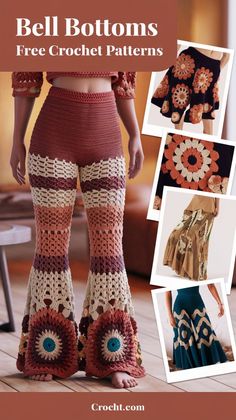 crochet bell bottom pants with flowers on them and the words, bell bottoms free crochet patterns