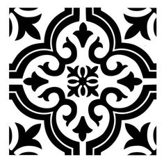 a black and white tile pattern with an ornate design on the bottom half of it