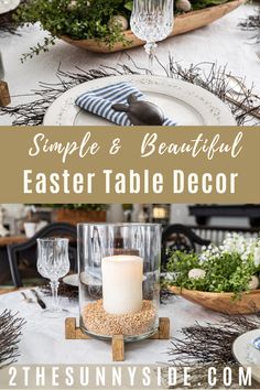 an easter table decorated with white flowers and greenery, candlesticks and plates