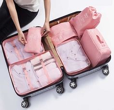 Polyester Ventilated Travel Organizer Tidy Bags Waterproof (7pcs/set) Travel Luggage Organization, Luggage Organizer, Pink Luggage, Packing Bags Travel, Desain Pantry, Suitcase Organization, Luggage Organization