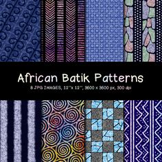 african batik patterns in blue, purple, and black with the text african batik patterns