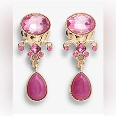 Express Double Stone Drop Earring Pink Dangle Clip-on Jewelry, Elegant Pink Dangle Clip-on Earrings, Pink Clip-on Dangle Jewelry, Pink Clip-on Drop Earrings, Elegant Pink Clip-on Earrings For Formal Events, Pink Clip-on Jewelry For Party, Stone Drop Earrings, Bronze Earrings, Open Hoop Earrings