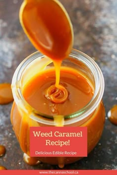 a spoon pouring caramel sauce into a jar