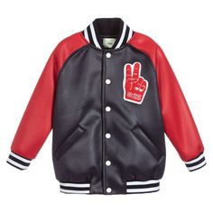 Fendi Boys Black and Red Varsity Jacket Black And Red Varsity Jacket, Red Varsity Jacket, Varsity Letterman Jackets, Fendi Kids, Logo T Shirts, Racer Jacket, Dolce And Gabbana Kids, Aviator Jackets, Denim Jacket Men