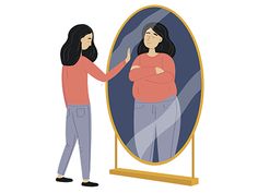 a woman standing in front of a mirror looking at herself in the mirror, with her arms crossed