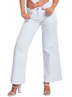 The trend report is in - Y2K is here to stay! Update your wardrobe with our Women’s Low Rise Wide Leg Jean. These classic low-waisted denim pants have a hip-flattering silhouette that leads to a wide leg for a long, leggy look. Pair this jean with a lose-fitting button up and kitten heels for a business casual vibe, or a cute cropped top and tennis shoes for a sweet look that will transition you from daytime to nighttime. Product Details- Low-Rise - Single Button Closure- 5-Pocket Construction- Belt Loops- Wide Leg- Full Length - Contrast Stitching (Color: S08)Size & Fit (based on size 5)- Inseam: 32”- Rise: 9" - Leg Opening: 24”- Model 1 is wearing a size 1. Models 2 and 3 are wearing a size 3. Machine wash cold. Separately, inside out. Tumble dry low. 67% Cotton/ 31% Polyester/ 2% Spande Low Rise Wide Leg Jeans, Ymi Jeans, Blue Q, Update Your Wardrobe, Trend Report, Low Waisted, The Trend, Cropped Top, Tennis Shoes