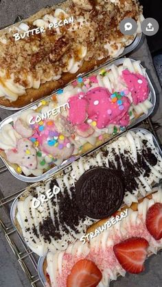 three trays filled with different types of desserts