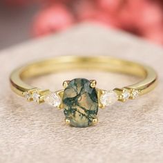 Green Moss Agate Ring Oval Shaped Sterling Silver with Yellow Gold Plated Moss Agate Moissanite Ring, Moss Diamond Ring, Mods Agate Ring, Simple Moss Agate Engagement Ring, Dainty Moss Agate Ring, Moss Agate Ring Gold, Green Moss Agate Ring, Green Oval Engagement Ring, Green Moss Agate Engagement Ring