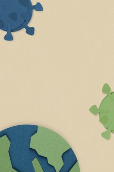 two paper cut out animals are in the air next to an earth globe and another animal is on the ground