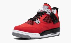 Flipping around the original Chicago Bulls color schemes of the Air Jordan 4, this 2013 release features a predominantly red upper with with black, white, and grey accents.  Thanks to it OG color palette, the “Toro Bravo” Air Jordan 4 has become one of the most popular non-OG colorways of the shoe ever, now sought out by many that originally slept on it.  This listing is for Grade School sizing only. Jordan 4 Bred, Jordan Shoes Retro, Shoes Retro, Jordan 4 Retro, Air Jordan 4 Retro, Stadium Goods, Hrithik Roshan, Air Jordan 4, Kids Jordans