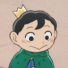 a cartoon boy with a crown on his head and cape around his neck, standing in front of a wall