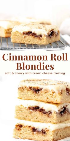 cinnamon roll blondies with cream cheese frosting are stacked on top of each other