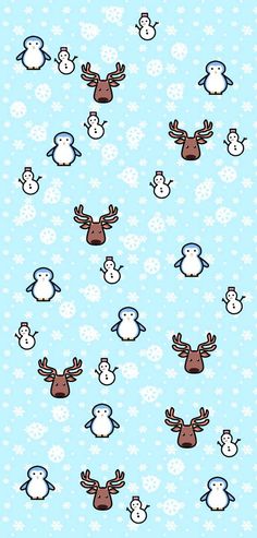 a blue background with snowmen and reindeers