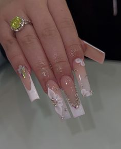 Quinceanera Nails, Ombre Acrylic Nails, Nails Design With Rhinestones, White Acrylic Nails, French Tip Acrylic Nails, French Acrylic Nails, Long Acrylic Nails Coffin, Unique Acrylic Nails