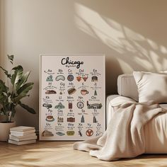 a poster with chicago on it next to a bed and potted plant in the corner