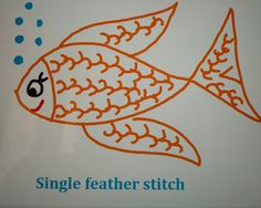 an orange fish is drawn on a white board with blue dots and the words single feather stitch