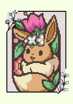 a cross stitch pattern of a rabbit with flowers on it's head and eyes