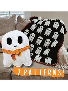 two crocheted ghost pillows on a couch with the words 2 patterns written across them