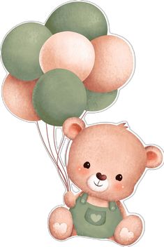 a brown teddy bear holding some green balloons