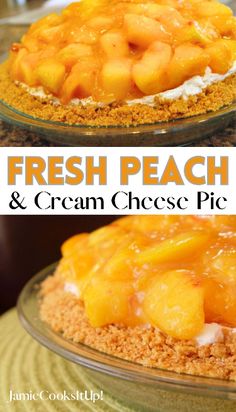 fresh peach and cream cheese pie is shown in two separate images with the title above it