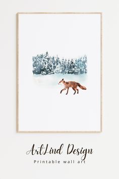 an art print of a fox running through the snow in front of some pine trees