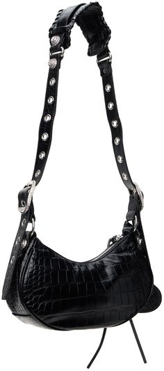 Croc-embossed calfskin shoulder bag in black. · Crystal-cut studs and pin-buckles throughout · Adjustable shoulder strap · Detachable mirror at strap · Gathering at face · Zip closure · Cotton canvas lining · Antiqued silver-tone hardware · H5 x W10 x D2.5 Supplier color: Black Evening Shoulder Bag With Gunmetal Hardware, Leather Shoulder Bag With Metal Hardware For Night Out, Luxury Evening Shoulder Bag With Snap Closure, Leather Bags With Metal Hardware For Night Out, Leather Bag With Metal Hardware For Night Out, Metal Hardware Crossbody Shoulder Bag For Night Out, Night Out Shoulder Bag With Metal Hardware, Luxury Shoulder Bag With Snap Closure, Luxury Black Shoulder Bag With Snap Closure