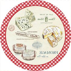 a red and white checkered plate with different types of cheeses on the side