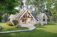 a small house in the middle of a lush green yard with trees and bushes around it