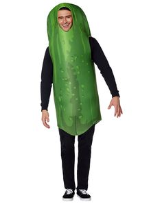 a man in a green pea costume standing with his hands on his hips and smiling