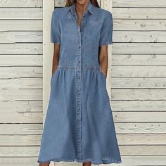 Women's Casual Dress Denim Shirt Dress Maxi long Dress Denim Basic Modern Outdoor Daily Vacation Shirt Collar Button Pocket Short Sleeve Summer Spring Fall 2023 Regular Fit Blue Pure Color S M L XL 2023 - US $37.99 Casual Denim Dress, Moda Denim, Classic Denim Shorts, Summer Shorts Denim, Maxi Shirt Dress, Denim Shirt Dress, Midi Short Sleeve Dress, Short Sleeve Cardigan, Vestido Casual