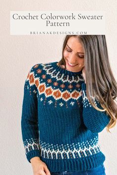 the crochet colorwork sweater pattern is shown in blue and orange, with text overlay